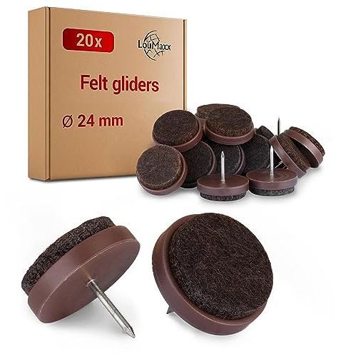 LouMaxx Stolsfiltglidare med rund spik, Ø 24 mm mörkbrun – stolsglidare med 3 mm tjock filt – filttassar för stolar – premium stolsbenskydd, filt, även för möbler 20 stycken