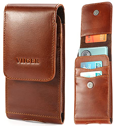 VIIGER Leather Cell Phone Holster for Belt, Flip Phone Case Smartphone Pouch for iPhone 15 Pro Max iPhone 14 Pro Galaxy S25 S25+ S24 A15 5G, Belt Loop Clip, Universal Belt Pouch for Men Women, Brown