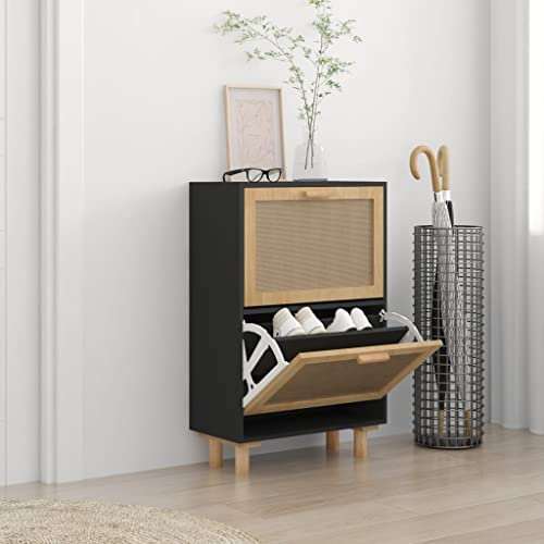 ZEYUAN Schuhschrank Schwarz 52x25x80 cm Holzwerkstoff & Rattan Natur, Schuhorganizer, Flurgarderobe, Shoe Cabinet, Schuh Schrank, Flurschrank, Schuhkipper, Schuhaufbewahrung