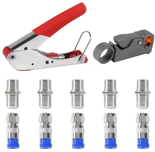 ALMOCN Kit de herramientas crimpadoras de cables coaxiales, herramienta de compresión coaxial, pelacables con 5 conectores RG6 tipo F + 5 extensores de cable coaxial RG6