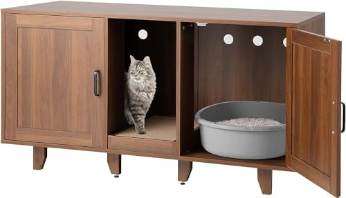 GYMAX Katzenklo Schrank für 2 Katzen, Katzenschrank für Katzentoilette mit 2 Türen, verdecktem Eingang & Kratzbrett, XXL Katzenhaus für große Katzen, Katzenklo Möbel, 120 x 52 x 65 cm (Braun)