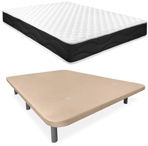 Homey - Cama Completa con Colchón Sleep Pro Reversible + Base Tapizada Extra Reforzada con 6 Patas Cilíndricas Metálicas Roscadas, 150 x 190, Beige