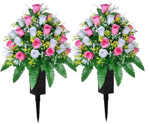 LVXINLI Artificial Cemetery Flowers, Gravesite Decoration Roses, Memorial Bouquets with Cemetery Vase, Vibrant and Long-Lasting Colors (Pink+White, 2 Bundles)