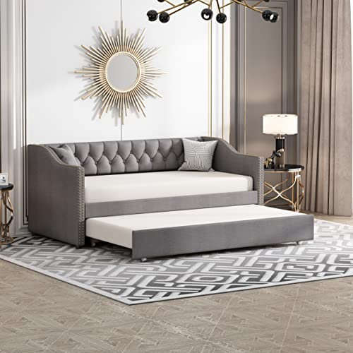 Ymkua Polsterbett Schlafsofa Sofabett 90x200 cm, Kinderbett Doppelbett Tagesbett mit Rollbett, Jugendbett Bett mit Lattenrost, Gästebett Wohnzimmer Schlafzimmer,Leinen, Ohne Matratze (Grau)