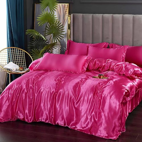 Famanti Bedding Luxury Satin Duvet Cover - Soft Satin Queen Set, 3 Pcs Luxury Silky Sheets, Silk-Like Smooth and Wrinkle Resistant,Queen Size, Zipper Closure, Women's Gift (Hot Pink, King 104”×90“)