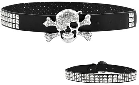 Schädelgürtel Gothic Gürtel,Gothic Totenkopf Gürtel für Damen - Totenkopf Gürtel mit Bergkristall Nieten Gürtel Nieten Gürtel für Herren | Halloween-Kostümgürtel für Cosplay-Party Party, sc schwarz,