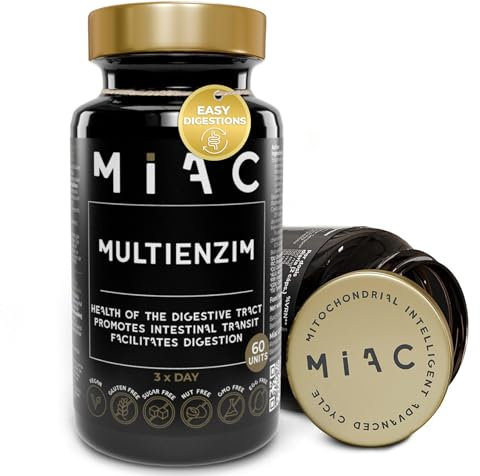 MIAC MultiEnzym. Enzimas Digestivas. 60 Cápsulas. Mezcla de Enzimas. Lactasa, Amilasa, Proteasa, Lipasa, Celulasa. Proceso Digestivo y Reduce Hinchazón estomacal. Vegano y Sin Gluten