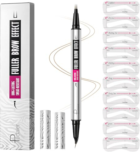 Curved Eyebrow Pencil with 10Pcs Stencils, 2-in-1 Dual-Ended Microblading Eyebrow Pen with Curved Brush-Tip and Fork-Tip for Hair-Like Brows, Waterproof Eyebrow Pencils for Women, Light Blonde