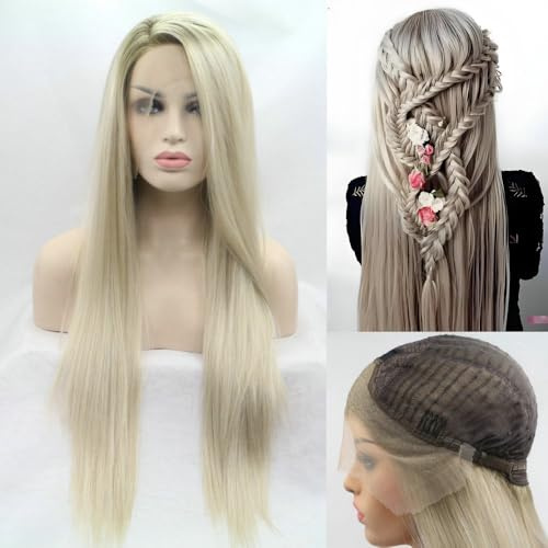 33 x 10,2 cm vorgezupfte lange gerade 66 cm blonde Ombré-Kunsthaar-Perücke mit Lace-Front-Perücke für Damen, für den täglichen Gebrauch, Cosplay, natürliches Blond mit braunen Wurzeln