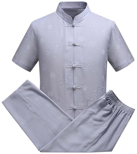 Sommar traditionella kinesiska kläder för män linne kostymer tang kostym topp byxor set orientaliska kläder träningskläder pastor kostymer, grå, M, Färg: grå, M