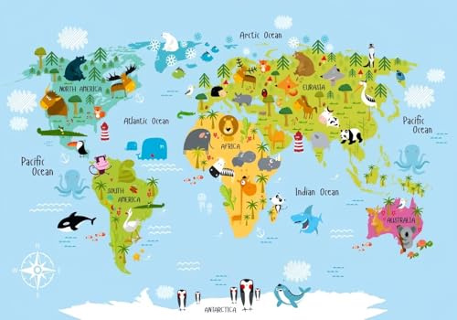 Modern Minimalist 3D Photo Wallpaper Children Modern Cartoon World Map Animal Ocean Children'S Room 350cmx245cm Living Room Kitchen Bedroom Wall Mural