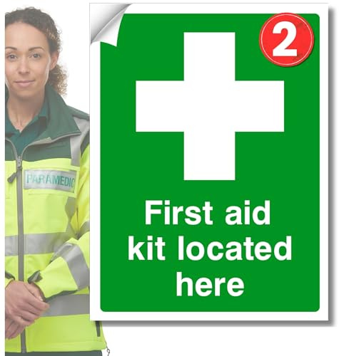 First Aid kit Located here Safety Signs Self adhesive vinyl stickers 2pc or 4pc Health and safety compliant, Waterproof-Oil proof First aid sticker signs, Suitable for all areas