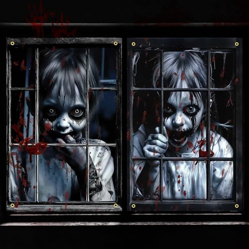 Lot de 2 images de fenêtre effrayantes pour Halloween - Rideau effrayant - 120 x 80 cm - Décoration de porte - Décoration - Pour l'extérieur et l'intérieur - Pour fête d'Halloween