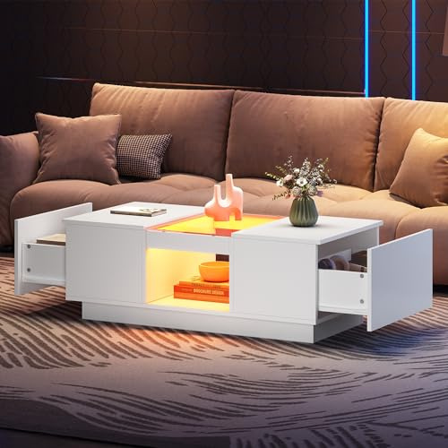 OKMYHOME Table Basse LED - Meuble de Salon avec 2 Tiroirs et 1 Niche Ouverte, Contrôle Via Application, Panneau de Particules - Blanc - 95x50x42,5 cm