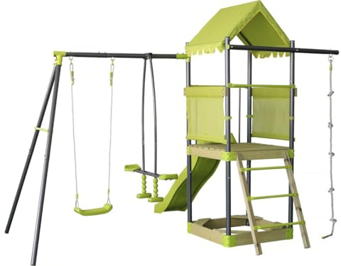 Aire de Jeu portique en métal avec Toboggan et bac a Sable Sohane - Vert