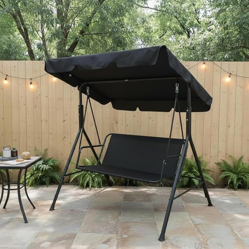 OHS Garden Swing, 3 Seater Black Seat Hammock Swing Chair Metal Terrace Shade Sun Protection Canopy Bench Cushioned Seats with Backrest Non-Slip Feet Waterproof Outdoor Garden Adjustable Canopy