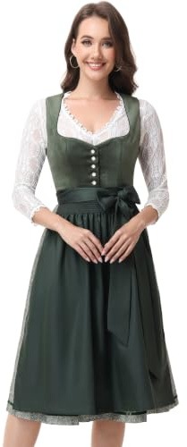 ELFIN Damen Midi Dirndl Samt Trachten Dirndlkleid Elegante Trachtenkleid für Oktoberfest inkl. Dirndlschürze Gr. 34-46