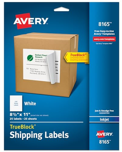 Avery Full-Sheet Printable Shipping Labels, 8.5 x 11 Customizable Stickers, White, 25 Blank Mailing Labels, Great for Mailing, Shipping, Organizing, and More (8165)