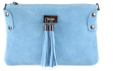 Made in Italy Damen Leder Clutch Tasche Messenger Bag Henkeltasche Wildleder Handtasche Umhängetasche Ledertasche Schultertasche Beuteltasche Fransen Cross-Over Himmelsblau