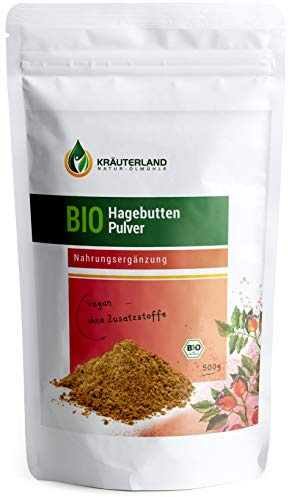 Kräuterland Bio Hagebuttenpulver 500g hoher natürlicher Vitamin-C-Gehalt | Rohkostqualität, enthält Galaktolipide & Antioxidantien, ohne Zusatz- o. Konservierungsstoffe, säuerlich-fruchtiger Geschmack
