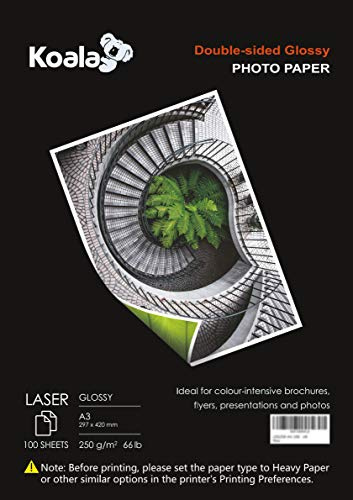KOALA Fotopapier für Laserdrucker, Doppelseitig, Glänzend, A3, 250 g/m², 100 Blatt. Geeignet zum Drucken von Fotos, Zertifikaten, Broschüren, Flyern, Faltblättern, Grußkarten, Kalendern, Kunst