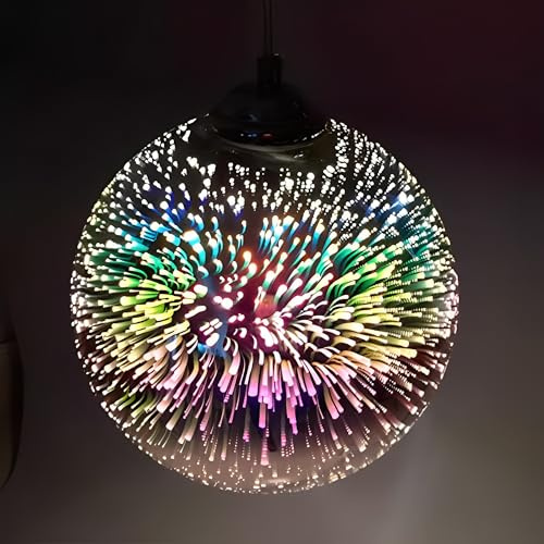 KRUIHAN 3D Feuerwerk Glaskugel Pendelleuchte, E27 Silberner Glasschirm 25cm | Bunter Feuerwerk Hängelampe, Höhenverstellbare E27 Fassung ohne Leuchtmittel, für Küche, Schlafzimmer, Wohnzimmer, Esstisch