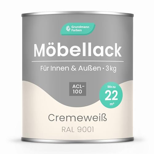 Grundmann Möbellack ACL 100 - Weiss 3 Kg - Lösemittelfrei & Geruchsarm - 4in1 Möbelfarbe inkl. Grundierung - Innen und Außen - Für Holz, Metall & Kunststoff - RAL 9001 – Cremeweiss/Altweiss