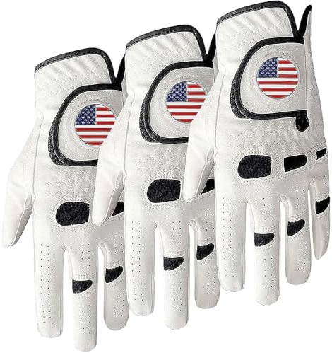 Amy Sport Golf Gloves Men Left Hand with Ball Marker Right Handed Golfer 3 Pack Soft Leather Weathersof Grip Soft Mens Glove (MLarge-Worn on Left Hand, 3 Pack with USA Flag Ball Marker)