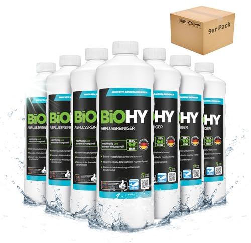 BiOHY Nettoyant drain (9 x 1l Bouteille) | enlève les poils sans effort | Concentré Bio | extra fort | Déboucheur pour cuisine et salle de bain | élimine les odeurs (abflussreiniger)