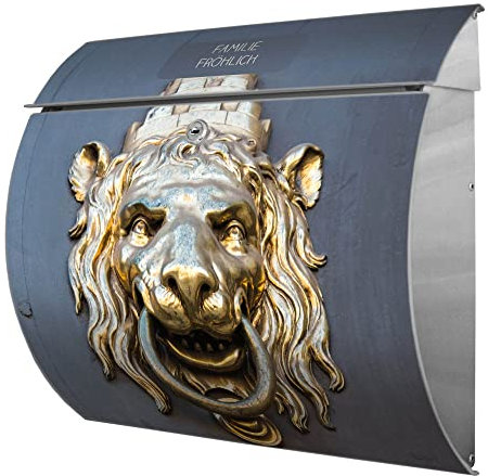 banjado® Burgwächter® Briefkasten Edelstahl mit Motiv Türklopfer Löwe/Edelstahl Briefkasten mit Namen personalisierbar/Briefkasten ohne Zeitungsfach mit Kippdach & Öffnungsstopp, 2 Schlüssel