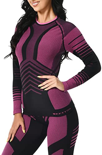 MEETYOO Thermounterwäsche Damer, Skiunterwäsche Kvinnor Thero Funktionsunderkläder Vinter Atmungsaktiv funktion för Skidsport Löpning, Rosa, XL