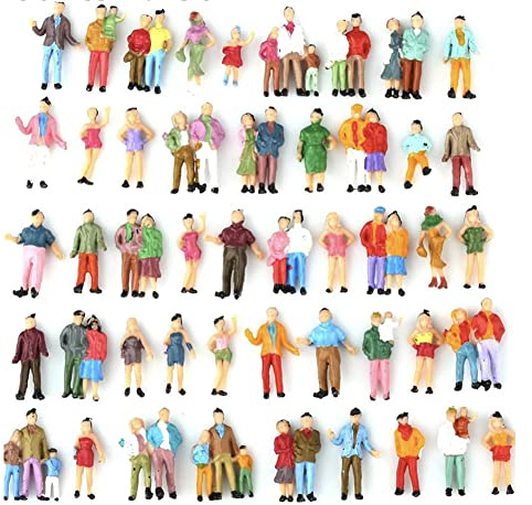 URPIZY 100 Stück bemalte Figuren im Maßstab 1:50 (Höhe 3,5 cm), für Modelleisenbahnen, OO-Maßstab, sitzende und stehende Menschen für Miniatur-Szenen