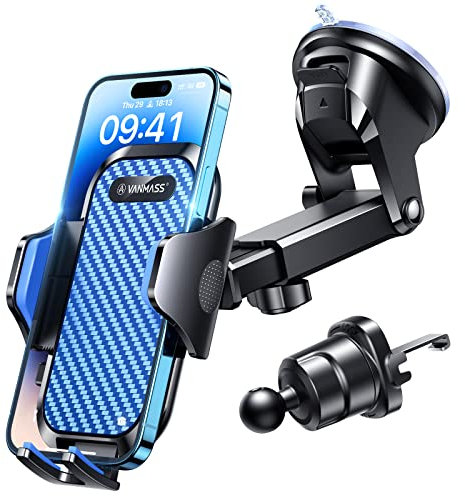 VANMASS Meilleur support de téléphone de voiture [ventouse et clip améliorés] Support de téléphone portable universel rotatif pour tableau de bord, pare-brise, van, accessoires automobiles pour iPhone