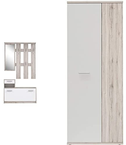 Forte Foxi Kompaktgarderobe inklusive Spiegel, Holzwerkstoff, Sandeiche Dekor, 97.5 x 25 x 180 cm & Net106 Schuhschrank mit 2 Türen, Holzwerkstoff, Sandeiche + Weiß, 68.90 x 34.79 x 179.1 cm