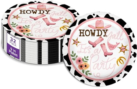 Birthday Galore Howdy Y’all Cowgirl Plates – 32 Pieces, 9 Round Disposable Tableware with Western Design Theme – Fun and Bright Colorful Tableware for Kids & Adults Parties Gatherings and Occasions.