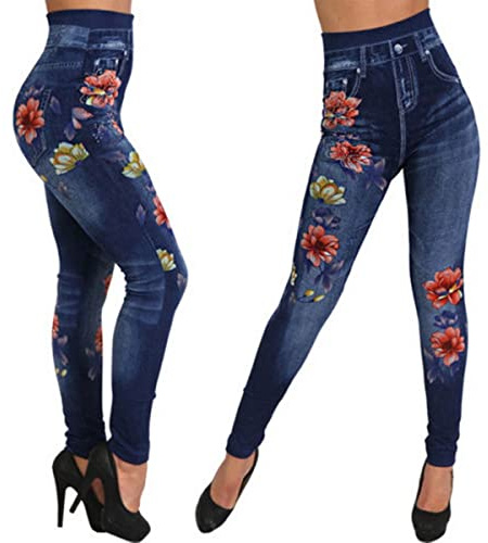 Fioeyr Women Denim Jeans Leggings Jeggings Skinny Pants High Waisted Stretchy Denim Printed Flowers Pants Denim Look Ripped Legging Jeggings