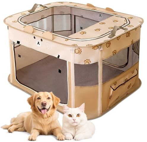 ALLSOPETS Recinto per Cani da Interno Pieghevole, Anche per Esterno, Box Traspirante Portatile per Gatti Conigli Cuccioli con Borsa da Trasporto, per Viaggi e Campeggio (Orso Marrone, XXL)