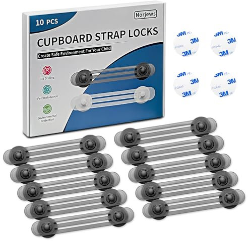 Norjews 10 Pack Transparent Cabinet Locks Baby Proofing, Child Safety Cupboard Locks, Child Safety Straps for Cabinets Drawers Toilet Fridge, No Trapped Fingers, Easy to Install - Black