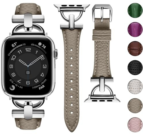wutwuk Armband i äkta läder för Apple Watch, 42 mm (S11/10)/41 mm/40 mm/38 mm D-format metallspänne, armband för iWatch SE 3/2/1, serie 11/10/9/8/7/6/5/4/3/2/1, kaki