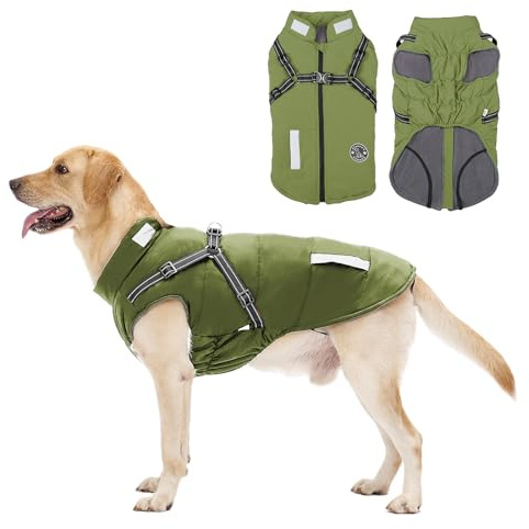 Abrigo Invierno Perro, Abrigo Impermeable para Perros Resistente al Viento, Chaqueta para Perros con Tiras Reflectantes Seguras & Arnés Ajustable para Perros pequeñas, Medianas y Grandes