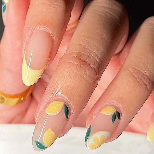 24 Stück Mandel Falsche Nägel Mittel, Nude Yellow French Kunstnägel Nägel Zum Aufkleben Acryl Full Cover Künstliche Fingernägel mit Zitrone Muster, Almond Press on Nails für Frauen und Mädchen