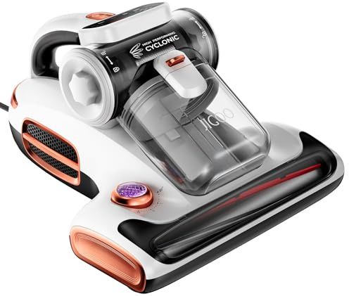 JIGOO T600 Mattress Vacuum Cleaner with UV-C Light, 15Kpa Suction 700W Powerful Double-Cup Handheld Vacuums, Bed Cleaner with Smart Dust Sensor, Ultrasonic, Heating Tech, MIF Filter