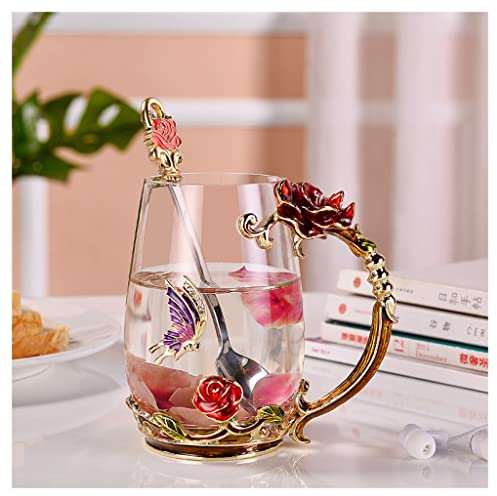 Tazzine Caffè Turco Tazza da tè Tazze da caffè in vetro con cucchiaio Tazza da caffè a forma di farfalla con fiori di rosa Bella Regali di compleanno per le donne Tazzine Moka Tazzine Caffè ( Color :