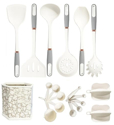 19 Piezas Utensilios De Cocina De Silicona Sin Bpa Antiadherente Y Resistente A Los Arañazos Set Utensilios De Cocina Silicona Frasco De Almacenamiento,Silicone Handle,White