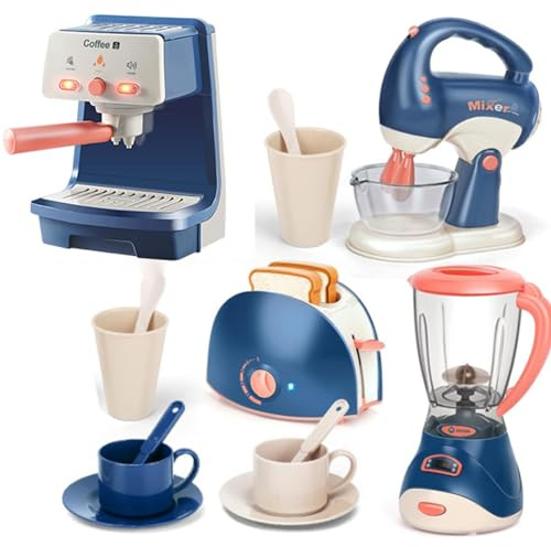 Kids Assorted Kitchen Appliance Play Toys Includes Coffee Maker ,Blender,Fruit Machine and Toaster ,Apron and Cups,with Realistic Lights& Sounds,Learning Gift for Toddlers Baby Girls Boys-Blue