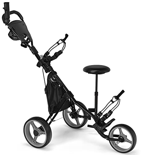 GYMAX Golf Push Trolley klappbar, 3-Rad Golfwagen mit Sitz & Verstellbarer Griff, Golftrolley, Golfcaddy, Golf Push Cart inkl. Scoreboard, Flaschehalter, Schirmhalter & Aufbewahrungstasche (Grau)