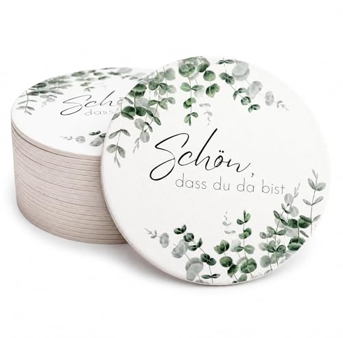 80x Bierdeckel Schön DASS du da bist - Runde Untersetzer beidseitig Bedruckt ideal als Tischdeko für Hochzeit, Geburtstag & Taufe