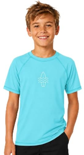 Glimnerize Rashguard 104-152 - Camiseta de natación para niño (manga corta, cuello redondo), Tabla de surf azul, 140