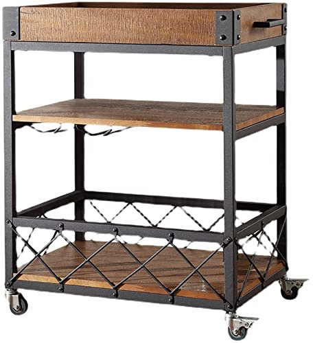 Wein-Servier-Barwagen, rollender Küchenwagen aus Holz und Metall mit Glashalter und Weinflaschenregal, abnehmbares oberes Tablett, feststellbare Rollen, industrieller Vintage-Stil