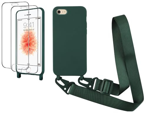 CaseLover Handyband kompatibel iPhone 8/SE 2022 Hülle mit Band, Dunkelgrün | mit 2 Stück Schutzfolie, Flüssiges Silikon Necklace Handyhülle, Verstellbarer zum Umhängen Kordel, Stossfest Schutzhülle